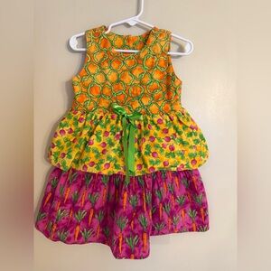 Chicken Noodle Colorful Vegetable Print Tiered Dress with Green Ribbon - 3T